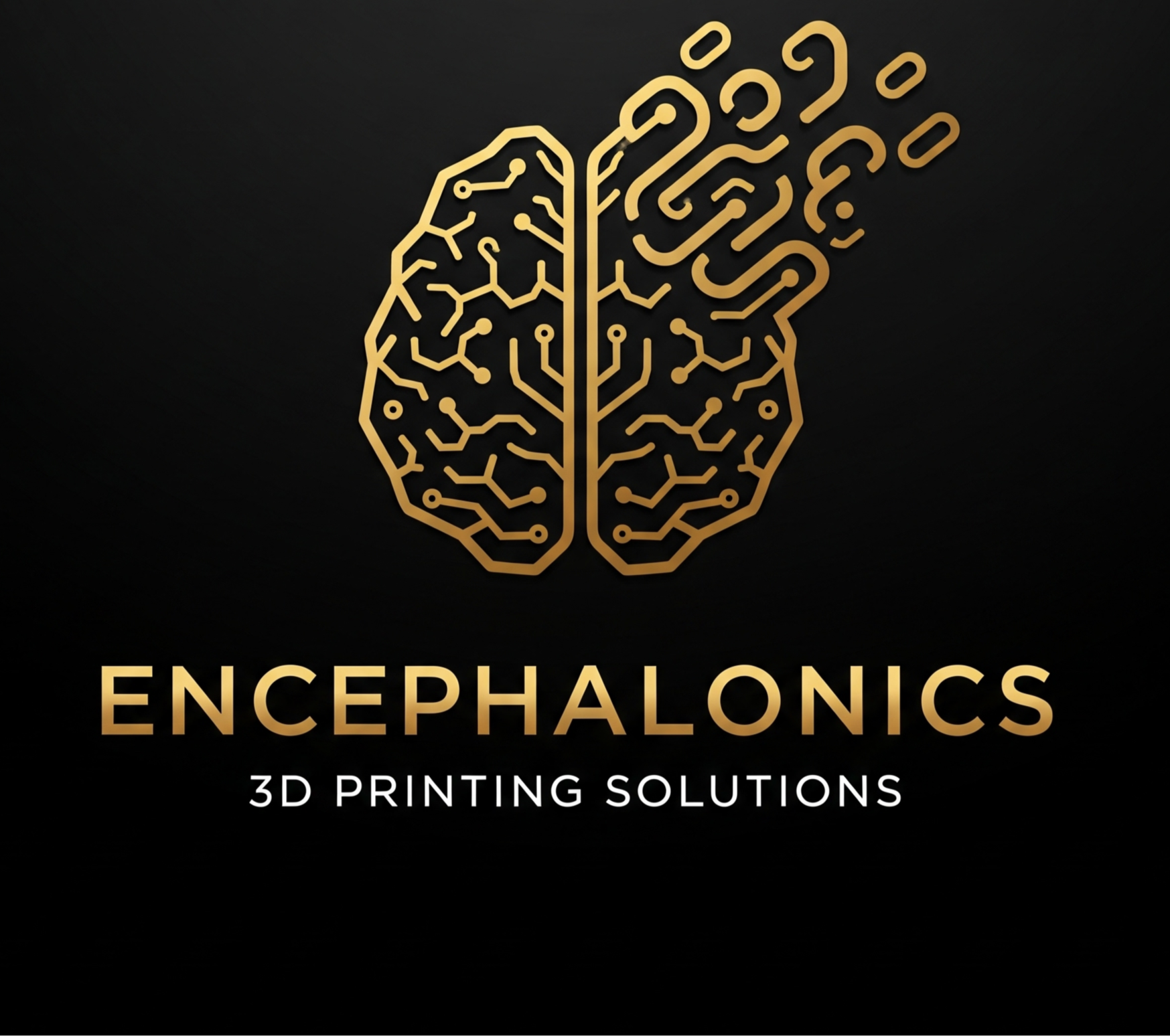 Logo of Encephalonics with a brain design and '3D Printing Solutions' text on a black background.