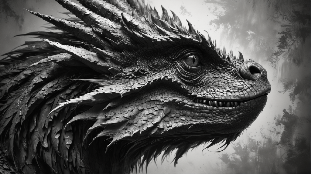 Close-up of a detailed dragon's head with a dark, textured appearance.